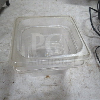1/6 size, 4-inch deep clear food storage container, used condition, minor scratches, model 7XBID.