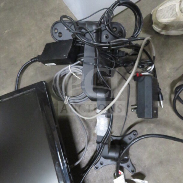 Drive-thru LED menu system components, including 77x14x74 board, View Sonic VA2246mh-LED monitor, 3 HME AC50 headsets, HME TSP60 intercom timer, HME BASE 6200, cables visible.