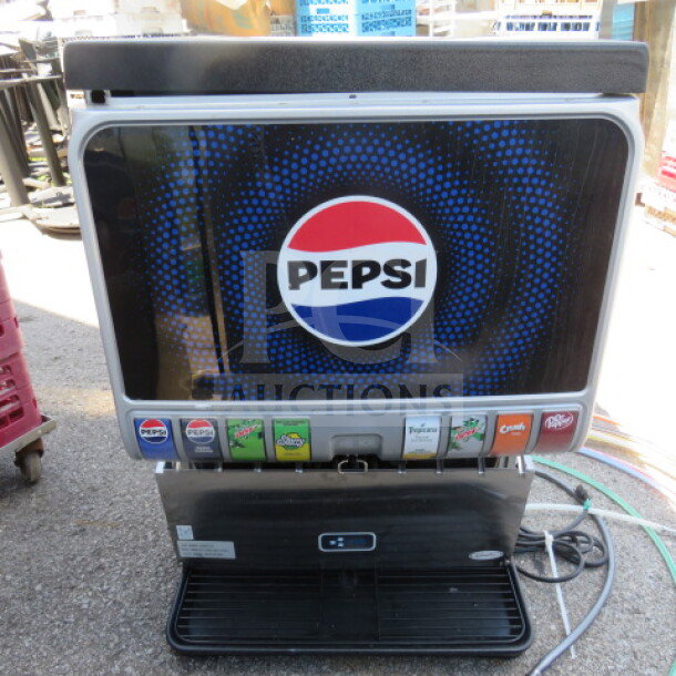 Cornelius 8 Flavor Soda Machine, Model KIT-BASE-UNIT-ED175, 115V, includes key, 24.5x30x39 inches, Pepsi branding.