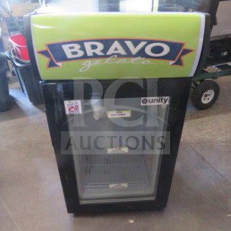 Countertop glass door display freezer, model SD50B, for liquor/ice cream. Features branded "BRAVO gelato" signage. 110-120V.