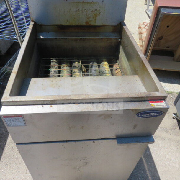 Cook Rite natural gas deep fryer, Model ATFS-75, on casters, dimensions 21x31x45 inches, used condition, visible wear.