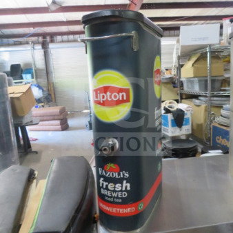 Lipton iced tea dispenser, branded with Slim Jim Satellite, Fazoli's logo, metal construction, good condition.