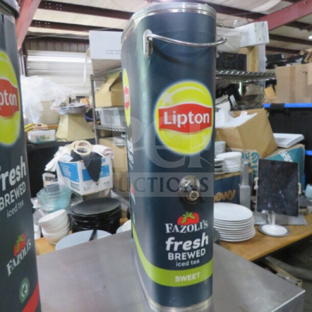Lipton Slim Jim Satellite dispenser without lid, featuring Fazoli's Fresh Brewed Iced Tea branding. Good condition.
