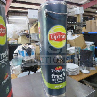 Lipton Slim Jim Satellite dispenser without lid, featuring Fazoli's Fresh Brewed Iced Tea branding. Good condition.