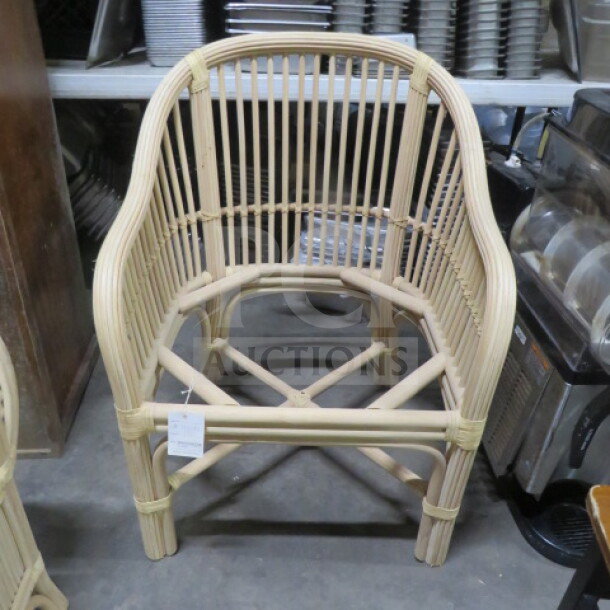NEW Rattan Arm Chair, no seat, natural finish, sturdy frame, curved backrest, tag attached, excellent condition.