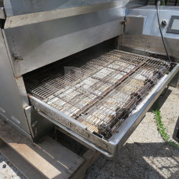 Middleby Marshall PS638G-2 natural gas conveyor oven, double stack, on casters, with visible controls. Used condition.