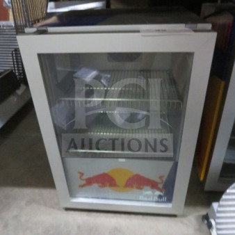 Vestfrost Red Bull countertop refrigerator, 2 racks, 115-120V, Model VC206490016, 16x17x22 inches, glass door, branded graphics.