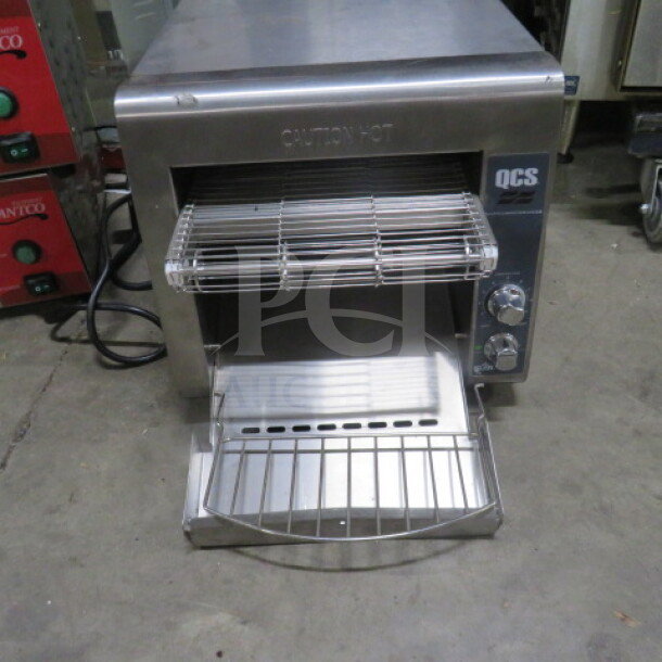 Star QCS-1-3500 Conveyor Toaster, stainless steel, 14x19x14 inches, features control dials, and QCS branding visible.