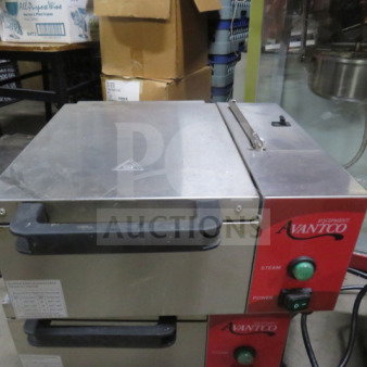 Avantco Steamer, Model 1770S1800$$, 120V. Stainless steel body, dual control knobs. Used condition. Red Avantco branding visible.