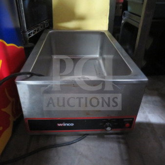 Winco FW-5500 food warmer, 120V, 14.5x22.5x9.5 inches, stainless steel, includes control dial, used condition.