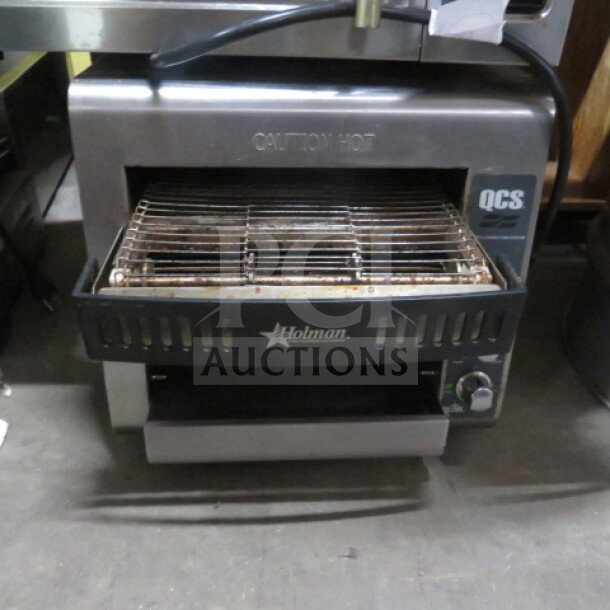 Star QCS-1-3500 Conveyor Toaster, 120V, stainless steel, 14"x19"x14", Holman brand, front controls, used condition.