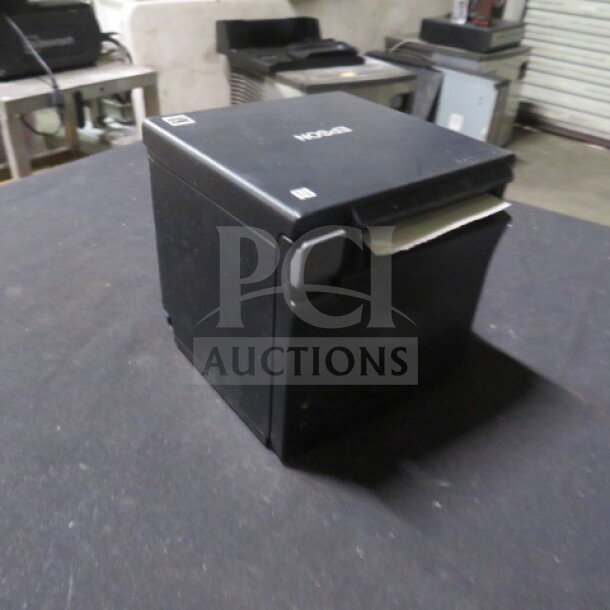 Epson Thermal Printer Model M335B, black, used condition, visible paper feed, Epson logo on top, suitable for retail environments.
