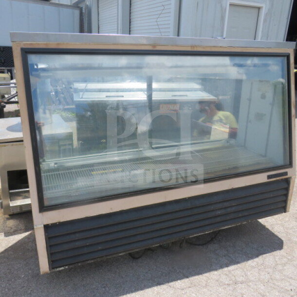 True display case, model TSID-72-2. Measures 73x30x49.5 inches. 115V, glass front, metal frame, moderate wear.