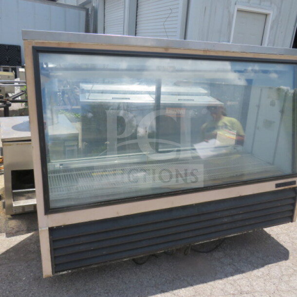 True display case model TSID-72-2, 115 Volt, dimensions 73x30x49.5 inches, glass front, used condition.