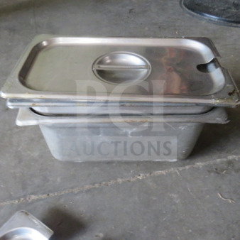 1/3 Size 6-inch deep hotel pan with lid, stainless steel, used condition. Contains visible wear, model 2XBID.