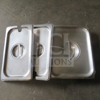 Three assorted stainless steel lids with handles, in good condition. Suitable for various container sizes.