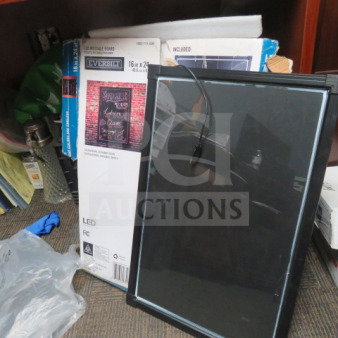 Everbilt 16X24 LED Message Board, new condition, includes original box. Black frame with power cord visible.