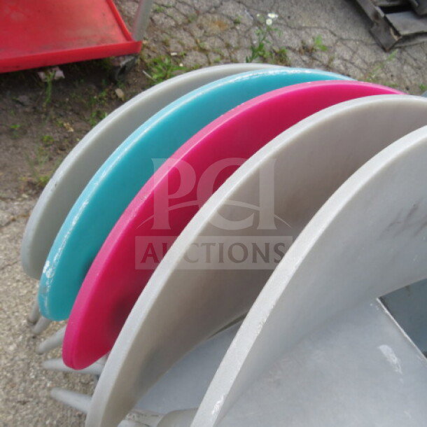 Assorted color indoor/outdoor chairs in pink, turquoise, and beige, stackable design; 5XBID, durable and versatile.