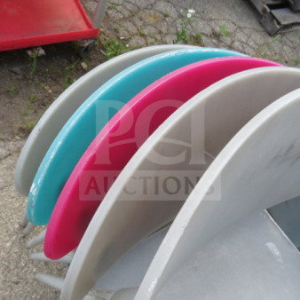 Assorted color indoor/outdoor chairs in pink, turquoise, and beige, stackable design; 5XBID, durable and versatile.