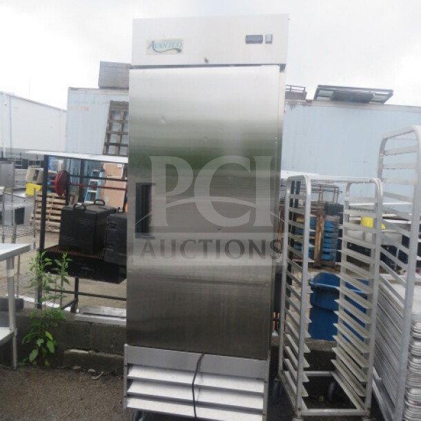 Avantco 1 Door Refrigerator on casters, Model 178A19RHC, 28x26x82.5 inches, 115 Volt, top hinge needs TLC.