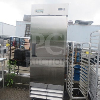 Avantco 1 Door Refrigerator on casters, Model 178A19RHC, 28x26x82.5 inches, 115 Volt, top hinge needs TLC.