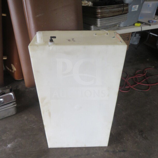 Poly tank, white, 21x11x38 inches, rectangular, top inlet and outlet; used condition, surface marks visible.