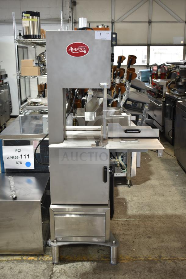 Avantco 177EMBS94SS stainless steel vertical band meat saw, brand new, commercial floor model, 94" blade, 220/240V, 3 phase.