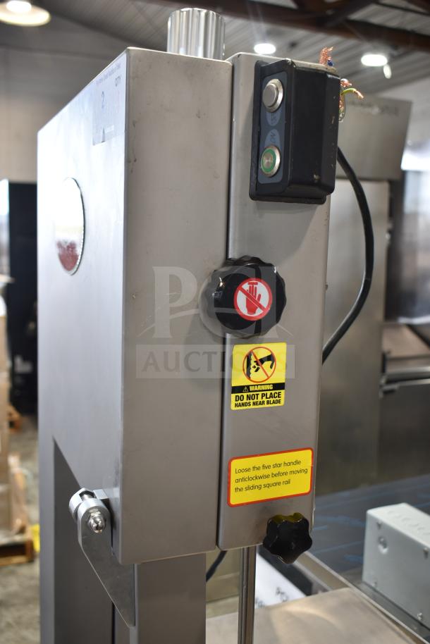 Alt text: "Avantco 177EMBS94SS 94-inch stainless steel vertical band meat saw, 220/240V, 3-phase, with safety warning labels."