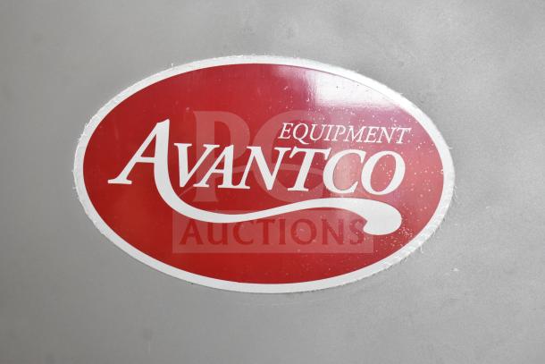 Avantco 177EMBS94SS logo on stainless steel surface of a vertical band meat saw, indicating brand authenticity.