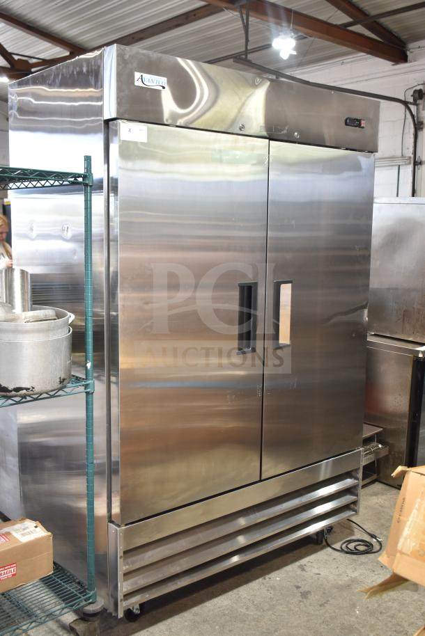 BRAND NEW 2025 Avantco 178A49RHC Commercial 2 Door Reach-In Cooler, 115 Volts, shows minor cosmetic scratches and dents.