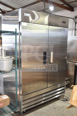 BRAND NEW 2025 Avantco 178A49RHC Commercial 2 Door Reach-In Cooler, 115 Volts, shows minor cosmetic scratches and dents.