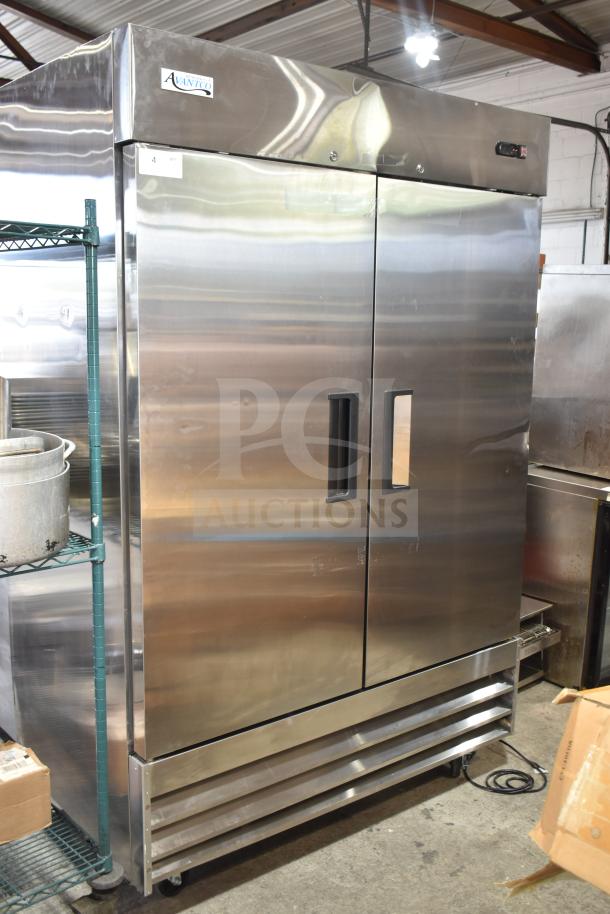 Brand new 2025 Avantco 178A49RHC commercial 2-door reach-in cooler, stainless steel, 115V, showing minor scratches.