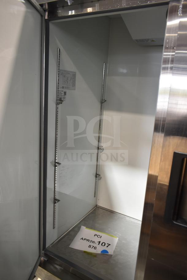 Brand new Avantco 178A49RHC commercial cooler, 2025 model, two-door, 115 volts, mild scratches, interior view.