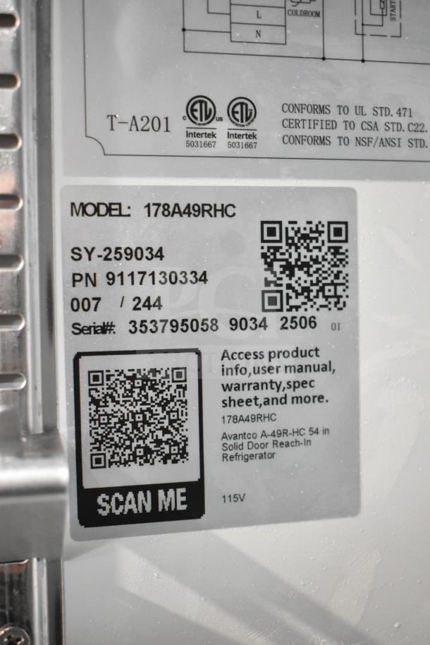 Label on new Avantco 178A49RHC commercial cooler shows specs, model, serial number, and QR code for additional info. 
