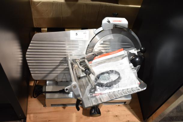 Brand new Avantco ASM0013 13" meat slicer, medium-duty, automatic with manual use option, blade sharpener included.