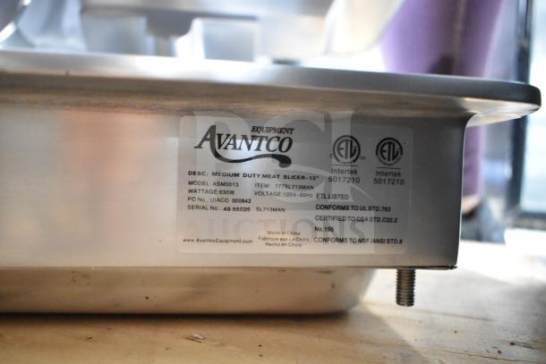 Avantco ASM0013 13" medium-duty meat slicer label. Includes 120V, 3/4 hp motor, and blade sharpener. ETL listed.