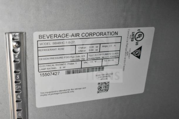2024 Beverage Air BB48HC-1-B-27 back bar refrigerator label, 115V, 1 phase, R290 refrigerant, scratch and dent condition.