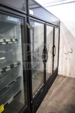 2019 True GDM-72F-HC Commercial 3 Door Reach In Freezer Merchandiser, black frame, glass doors, shelves shown, good condition.