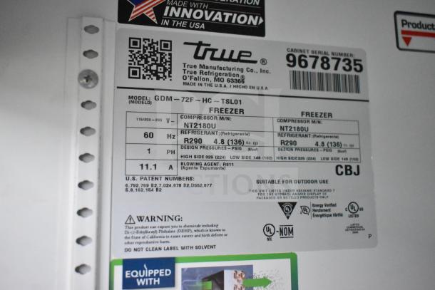Label of 2019 True GDM-72F-HC 3 Door Reach In Freezer, 115/208-230V, 1 Phase; NSF/ANSI standard list, refrigerant R290.