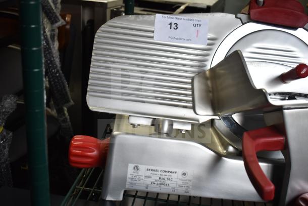 Brand new 2024 Berkel B10-SLC meat slicer, 10" blade, light-duty, gravity feed, manual operation, includes blade sharpener.