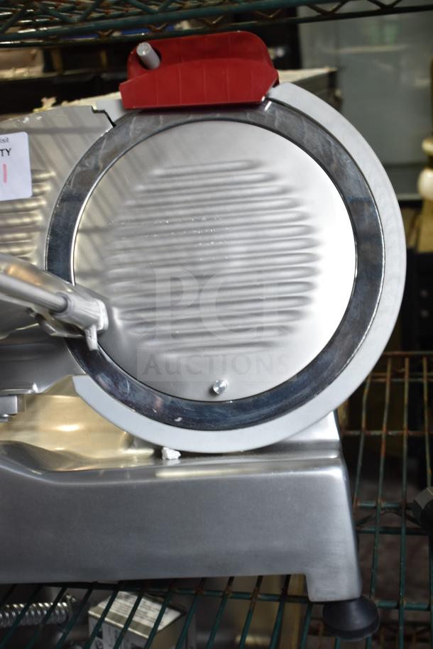 Berkel B10-SLC commercial 10" meat slicer, brand new scratch and dent, with blade sharpener, stainless steel finish.