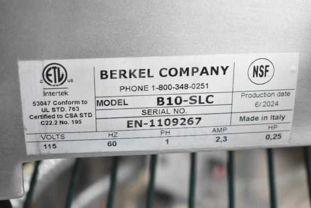 Berkel B10-SLC meat slicer label, model number, serial number EN-1109267, NSF certified, 115V, made in Italy, June 2024.