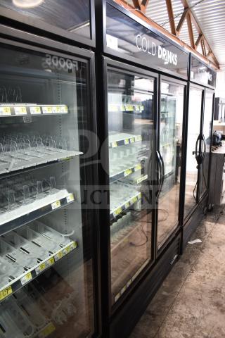 2019 True GDM-49-HC commercial cooler, 2 glass doors, shelves, labeled "Cold Drinks," 115V, 1 phase, excellent condition.