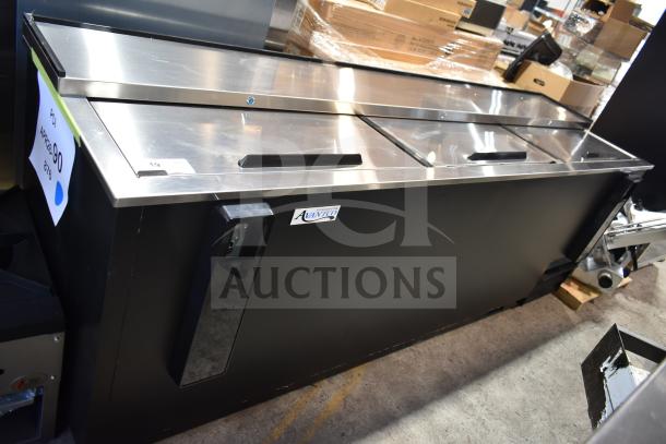 Brand new Avantco 178HBB95HC commercial black 95" horizontal bottle cooler with sliding lids, 115V, 1 Phase.