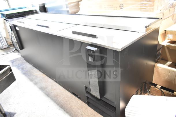 Brand new Avantco 178HBB95HC commercial 95" black bottle cooler with sliding lids. 115 volts, 1 phase. Minor scratches visible.