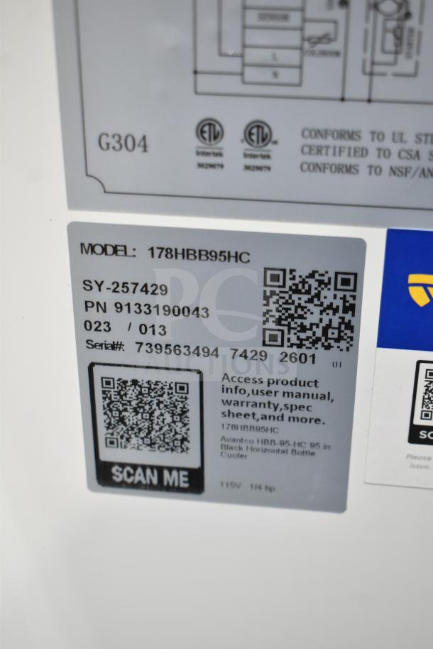 Avantco 178HBB95HC Commercial 95" Black Horizontal Bottle Cooler label showing model details and QR code.