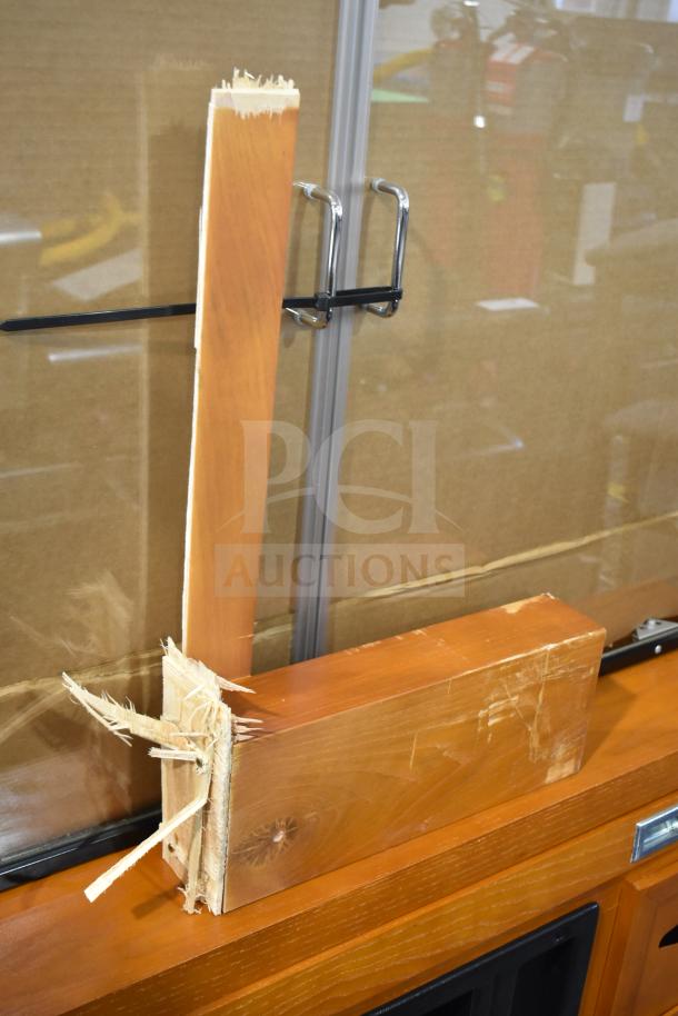 Brand new Avantco 178HBB95HC wood-pattern dry bakery display case with visible scratches and dents.