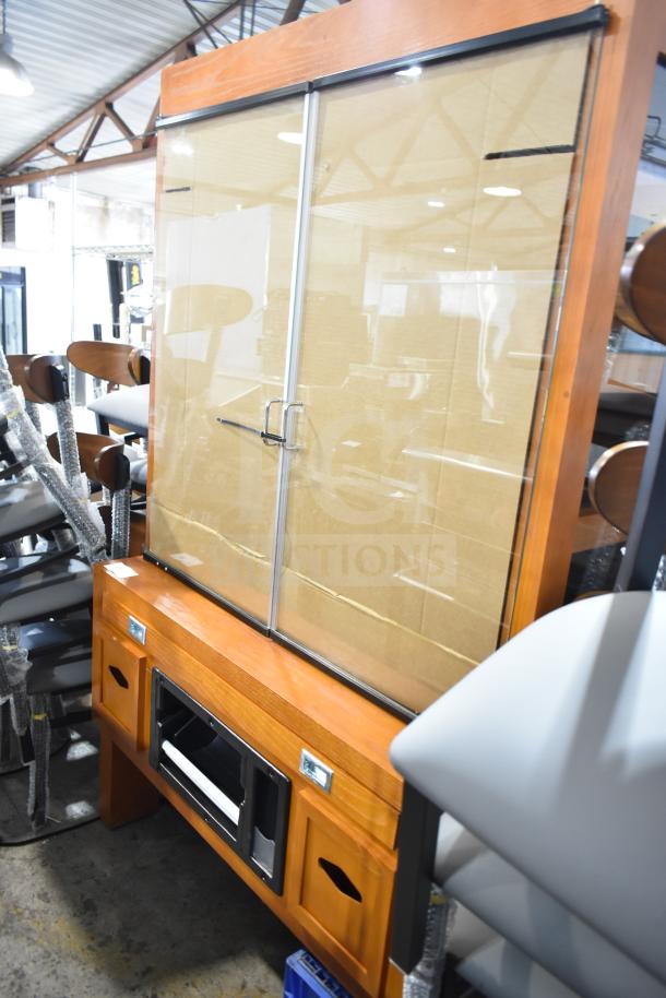 Avantco 178HBB95HC wood pattern bakery display case, scratch and dent, glass doors, storage below, brand new condition.