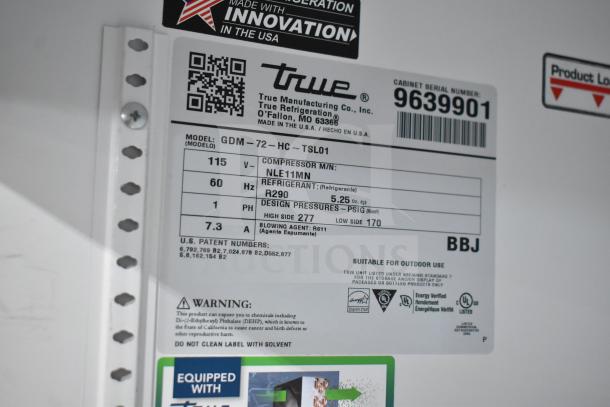 Label of 2019 True GDM-72-HC Cooler, serial 9639901, 115V, R290 refrigerant, suitable for outdoor use, Energy Star certified.