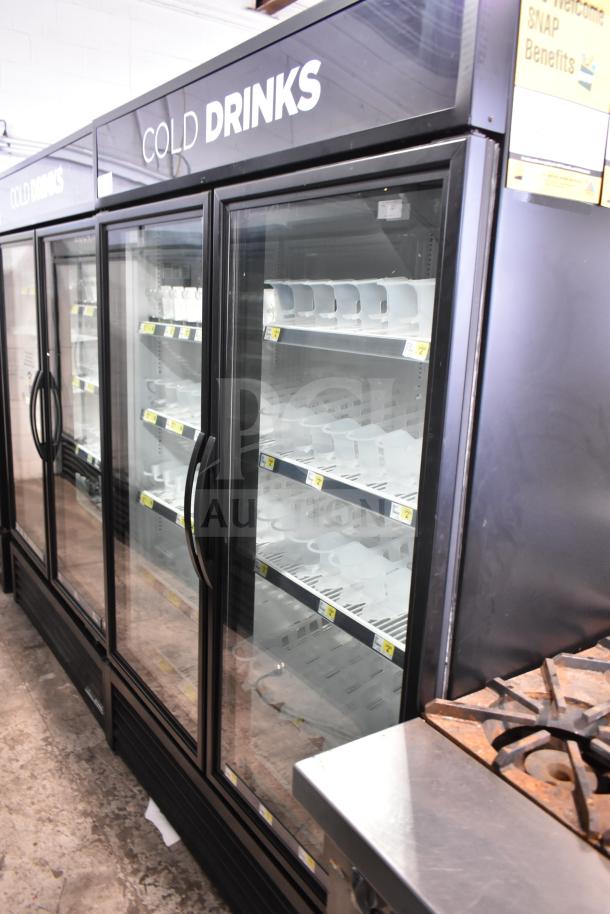2019 True GDM-49-HC commercial 2-door reach-in cooler. Features glass doors, labeled for "Cold Drinks," 115V, 1 Phase.
